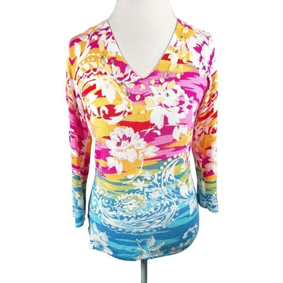 Boston Proper Tops - Boston Proper Multi Color Floral Knit Top Beaded jewel neckline Spring Size M